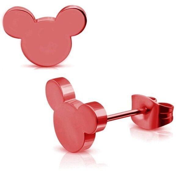 Red 316L Stainless Steel Mickey Mouse Silhouette Post Back Stud Earrings - Picture 2 of 5
